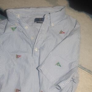 Ralph Lauren Blue and White Striped Shirt with Flag Accents